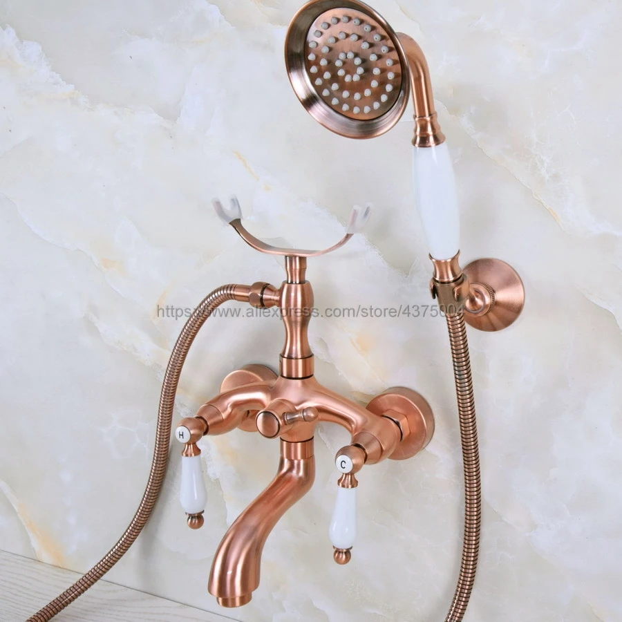 Antique Red Copper Bathtub Faucet Wall Mount Handheld Bath Tub Mixer System with Handshower Telephone Style Nna363