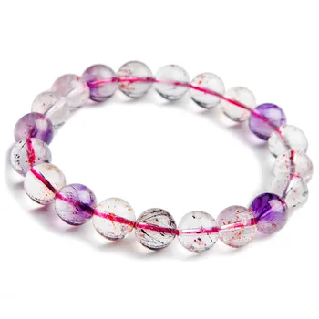 

9.5mm Genuine Natural Purple Rutilated Quartz Crystal Super Seven Melody Stone Round Bead Anniversary Party New Gift Bracelet