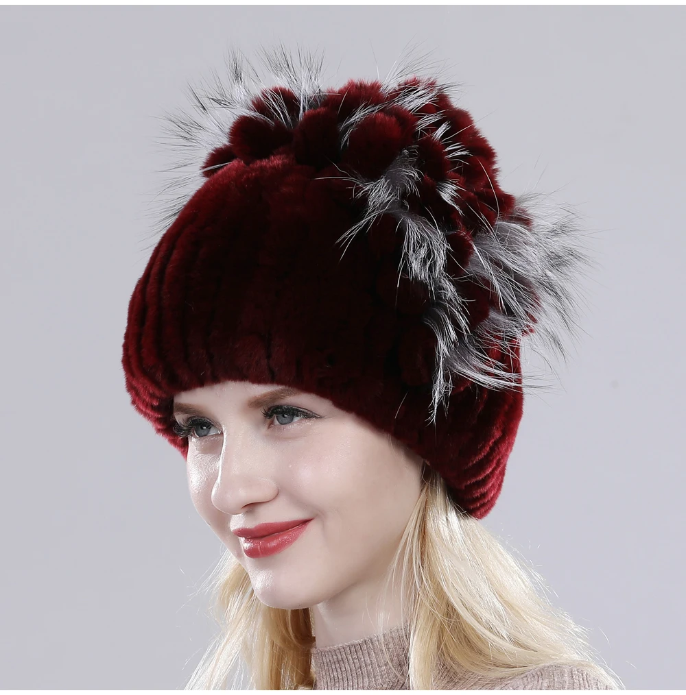 Новые русские Женские Настоящий мех кролика Skullies шапки Роскошные вязаные цветы натуральная шапка из меха кролика рекс зимние натуральный мех шапочки
