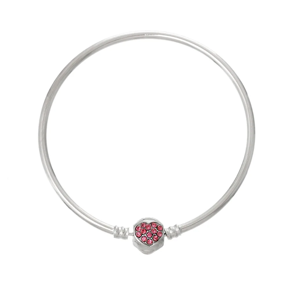 

DoreenBeads Copper European Charm Bangles Bracelets silver tone color Fuchsia Rhinestone Heart 22cm long,1 PC new
