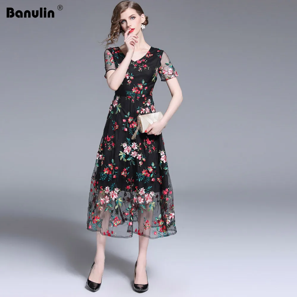 

Banulin Elegant Runway Embroidered Dresses Women 2019 Short Sleeves Sheer Mesh Party Dress Vintage Bohemian Dress Vestidos