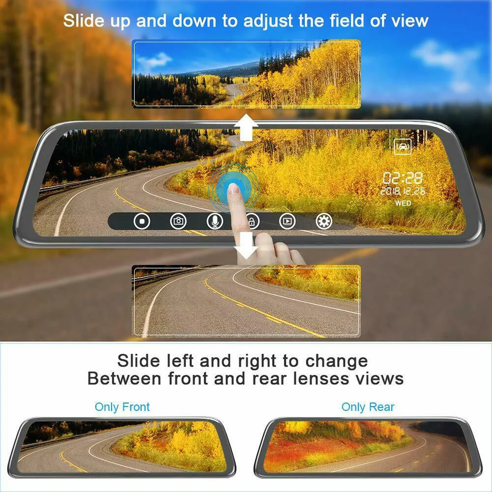 9 66 дюймовый 1080P Full HD Сенсорный экран автомобиля Зеркало заднего вида Dash Cam 720P