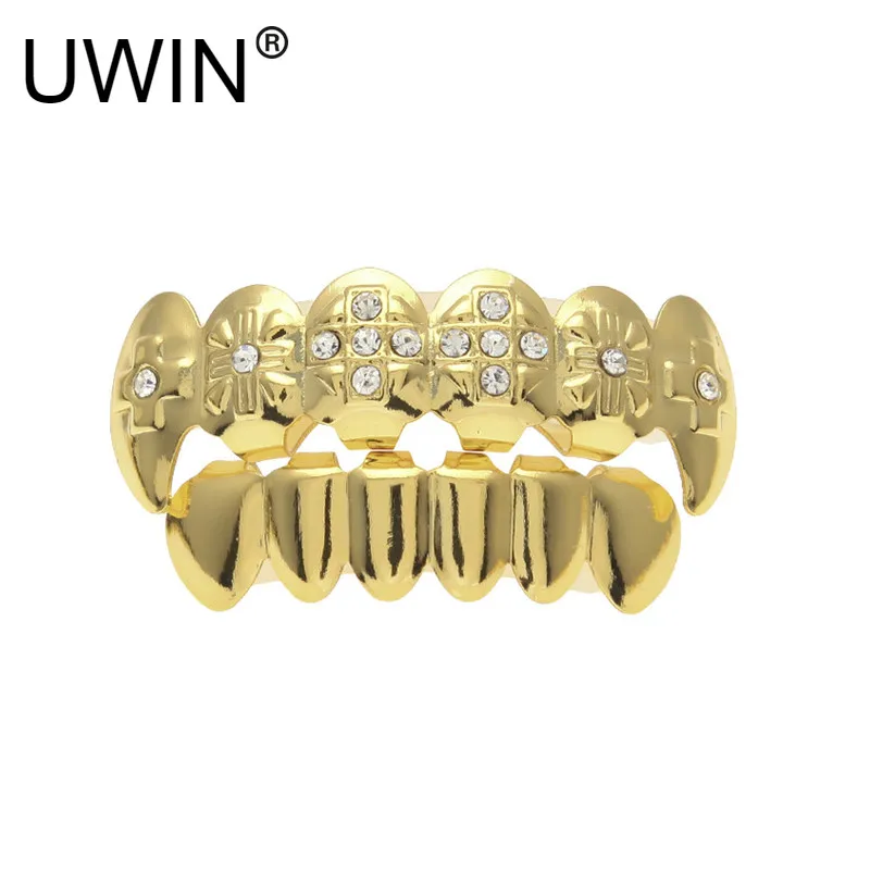 

UWIN Gold Silver Color Iced Out CZ Rhinestone HIP HOP Cross Teeth Grills Top & Bootom Grills Set With silicone Vampire teeth