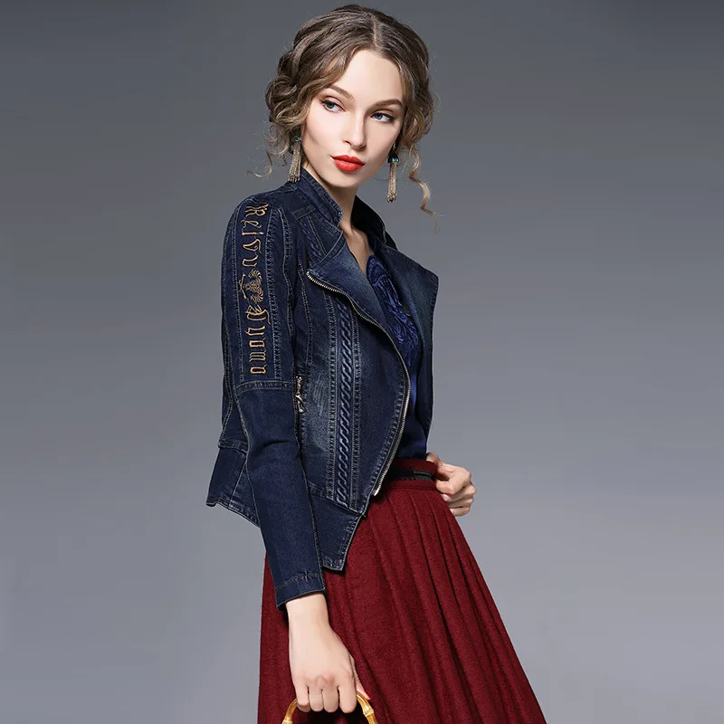 Goede 2018 Geborduurde Mode Jeans Jas Vrouwen Lente Lange Mouwen Slim Denim Jassen Vrouw Vintage Rits Bovenkleding A1693
