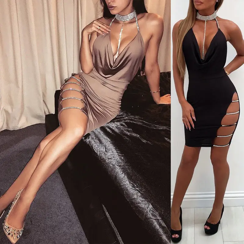 

2018 Sexy Women Nightclup Sequins Dresses Deep V Neck Halter Bodycon Mini Dress Bandage Split Dress Blackless Clupwear