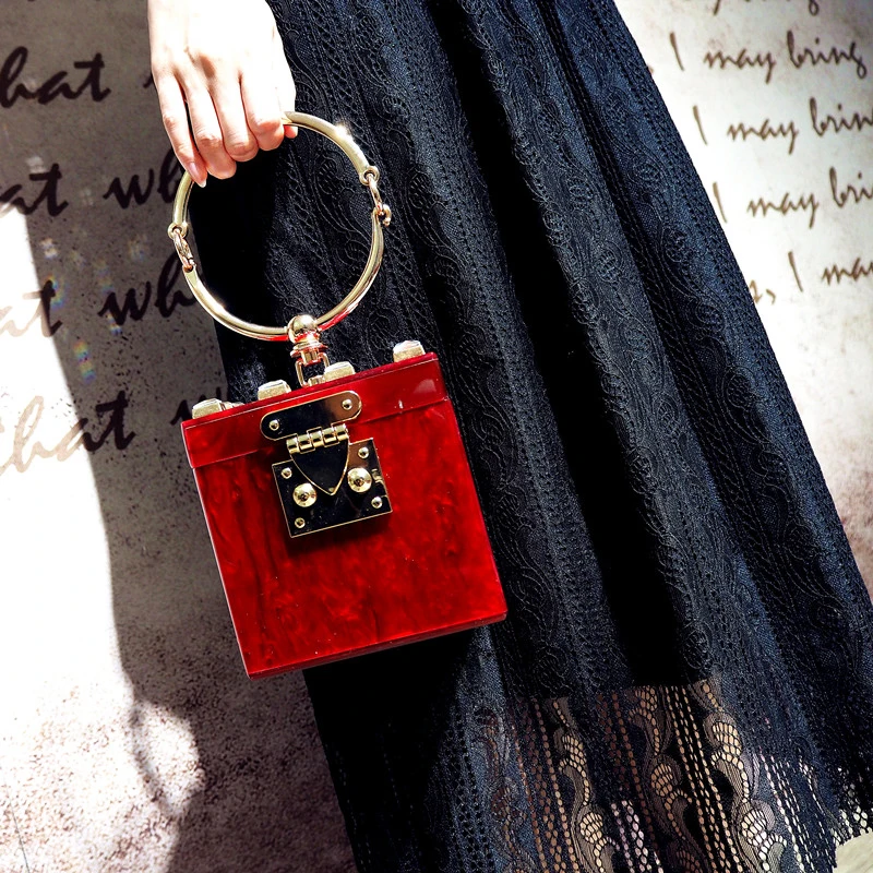 

Acrylic metal ring box style fashion design diamond ladies handbag party purse casual totes female flap 4 colors
