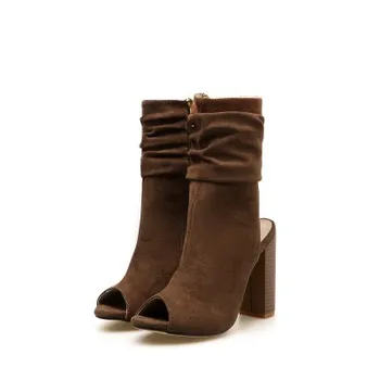 

European and American style new personality dew heel folds fish mouth wood grain thick with high heels sandals women