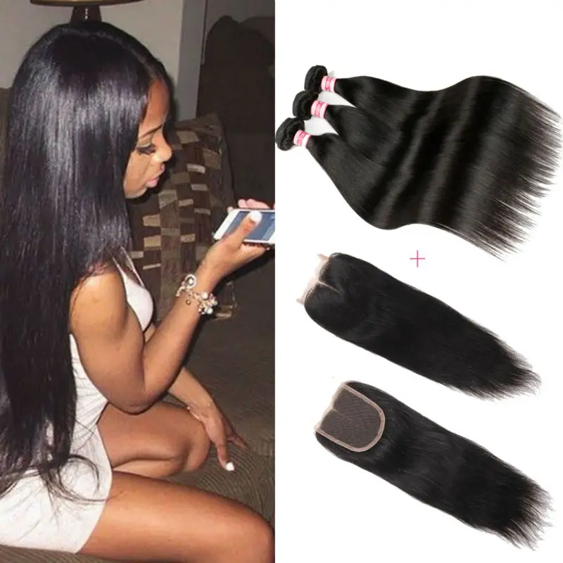 8A Brazilian Virgin Hair Straight With Closure Human Hair Bundles With Lace Closures Ali Queen Hair Products With Closure Bundle