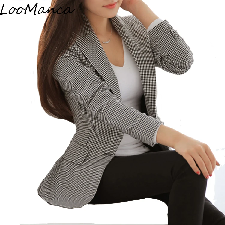 

New 2019 Plaid Women Blazers and Jackets Female Slim Grey Coat Ladies Long Sleeve Work Wear Blazer Femme Plus Size S-3XL