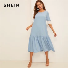 SHEIN модное платье с бусинами и вышитыми манжетами,, голубое весенне-летнее платье с коротким рукавом, туника с заниженной талией, женские платья