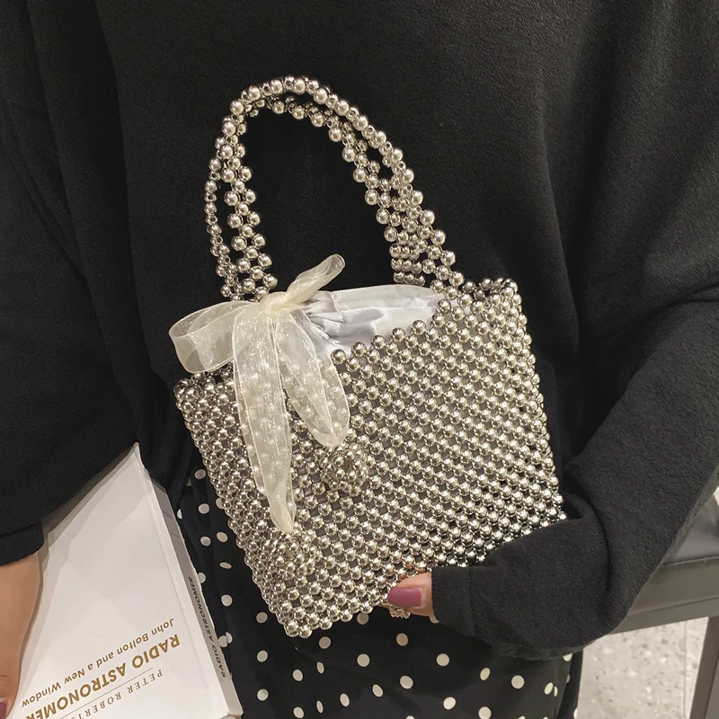 

Beaded Weaving Female Tote bag 2019 Fashion New Quality Women's Designer Handbag Elegant Female Bow Travel Bag Bolsos Mujer