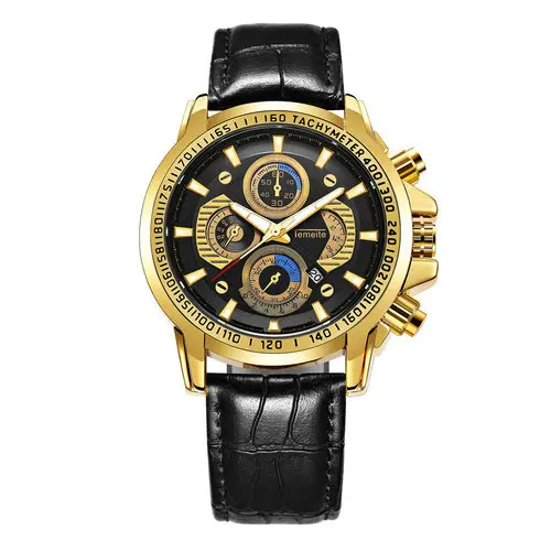 TEMEITE модные золотые мужские часы с черным кожаным ремешком от ведущего бренда, Роскошные Кварцевые наручные часы с календарем, часы с украшением - Цвет: GOLD BLACK