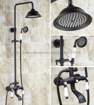 

Black Oil Rubbed Brass Wall Mounted Rain Shower Faucet Set Tub Mixer Tap Ceramic Handle Hand Shower Nhg144