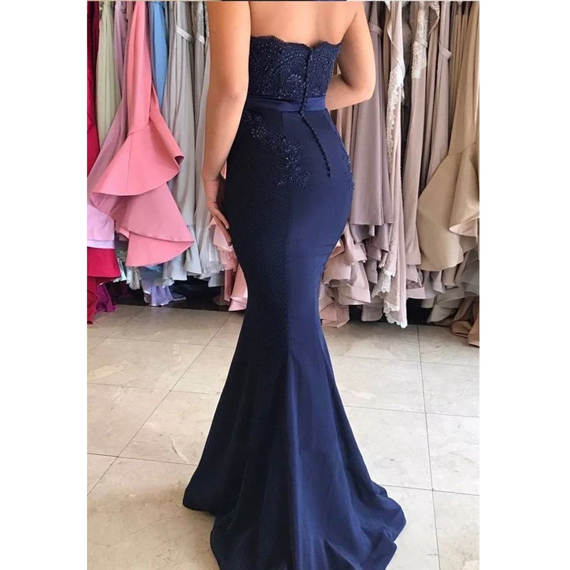 Navy Blue Long Prom Dress, Strapless Mermaid Appliques, Long Prom Dress, 2017 Prom Dress, Navy Blue Prom Dress, Mermaid Prom Dress, Woman Evening Dress 2