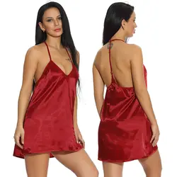 Для женщин атласная V шеи ночная рубашка пикантные кружевные пижамы сарафан спагетти Дамы Шелк одежда для сна одежда ночное платье