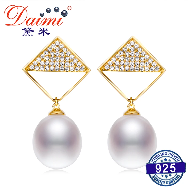 

DAIMI Lozenge Design Fashion 925 Silver 10-11mm Water Drop Earring Freshwater Pearl Earrings