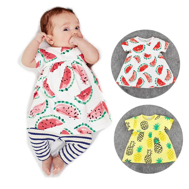 

Kids short sleeves Cotton Dress Clothes Summer Vestidos Baby Girl Fruit Printing watermelon Dress Princess Birthday Sale 1-4Y