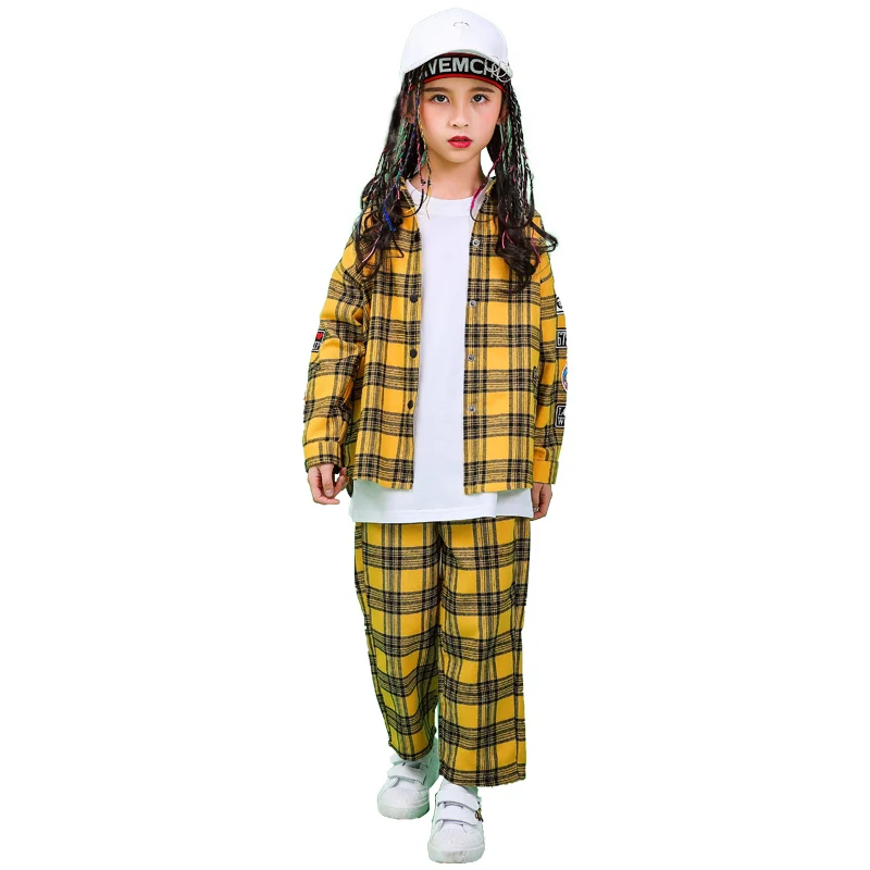 2019 New Children Hip-hop Street Dance Performance Costume Autumn Boys Girls Loose Jazz Dance Show Yellow Plaid Shirt Pants Set (1)