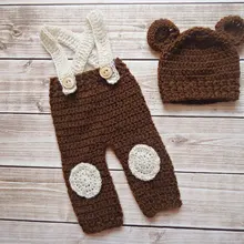 Детская Коричневая Шапочка с мишкой и подходящие штаны, комплекты для малышей, вязаные крючком фотографии, реквизит из хлопка