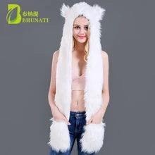 Белый капюшон с лисой Милая шапка из искусственного меха женская зимняя шапка для животного из искусственного меха милые шапки с героями мультфильмов глушитель
