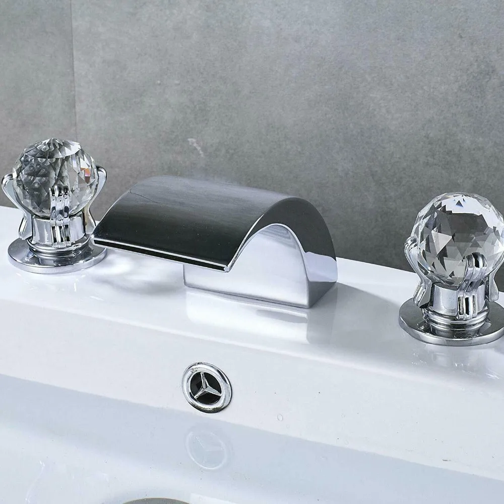 Золото 3 шт. кран для раковины светодиодный Водопад Носик никель Смесители для ванной комнаты на бортике двойная ручка три отверстия