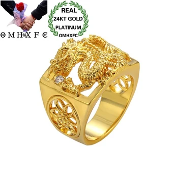 

OMHXFC Wholesale European Fashion Hot Man Male Party Birthday Wedding Gift Vintage Hollow Dragon AAA Zircon 24KT Gold Ring EJ82