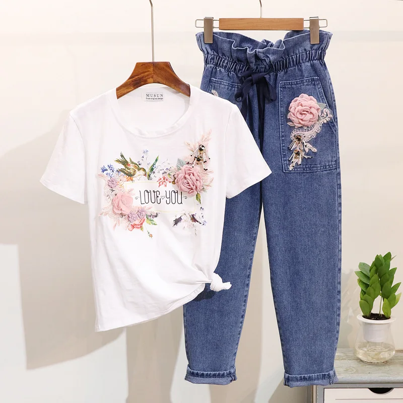 

2019 Spring/Summer New Bead Flower Print Short Sleeve T-shirt + Loose Waist Harlan Jeans Set Female Two Piece Sets Students