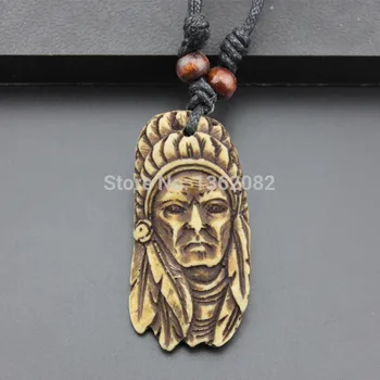 Hand Carved Yak Bone Vintage Tribal Indian Chief Head Pendant Necklace Wood Beads Rope Adjustable MN147