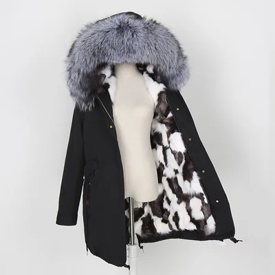 OFTBUY пальто с натуральным мехом, зимняя куртка, Женское пальто, воротник из натурального меха енота, подкладка из лисьего меха, свободная длинная парка, уличная одежда - Цвет: white black fur