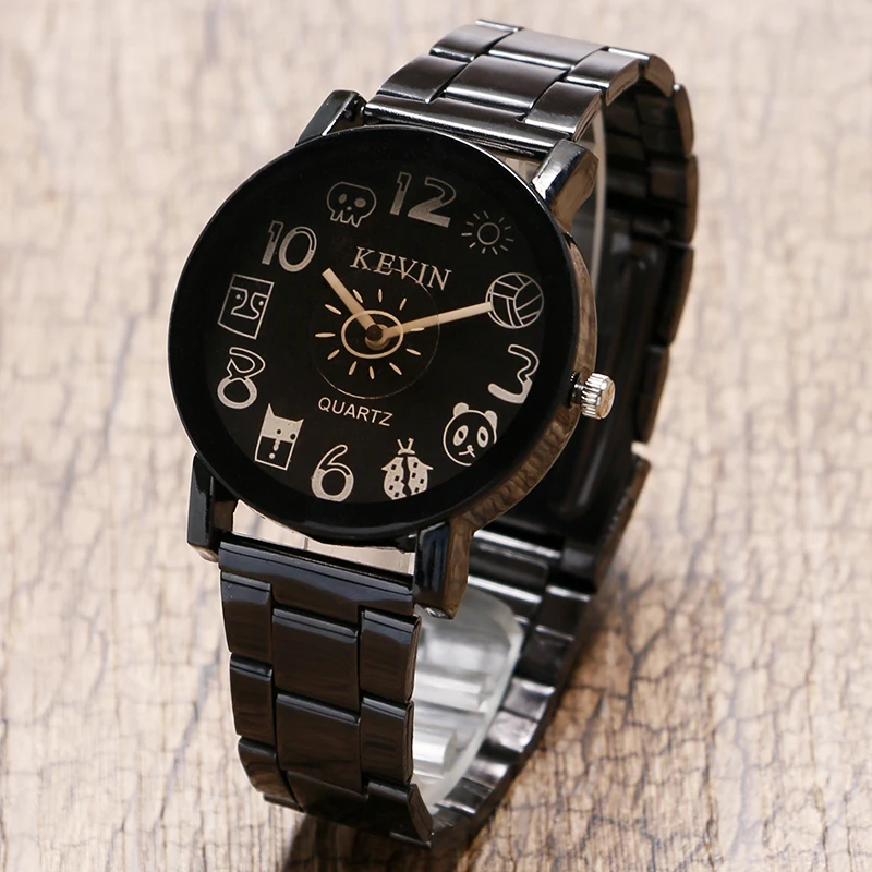 

Simple Sport Casual Black Dial Analog Cartoon Novelty Stainless Steel Band Strap Women Ladies Wrist Watch Drop Shipping