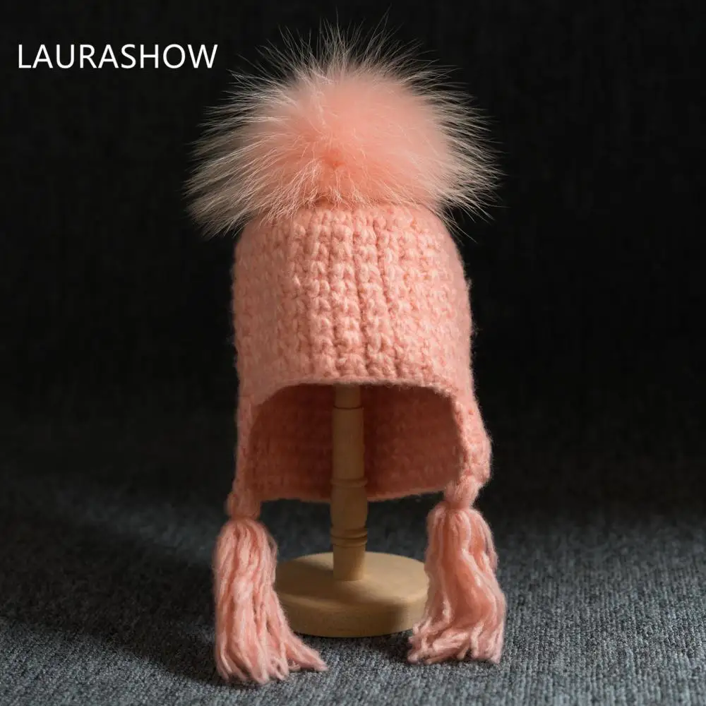 LAURASHOW/детская зимняя брендовая шапка 16 см из натурального меха лисы и норки, шапка с помпонами для девочек, вязаная шапка, шапка Skullies, Детские шапочки - Цвет: 16cm Pink Fur Ball