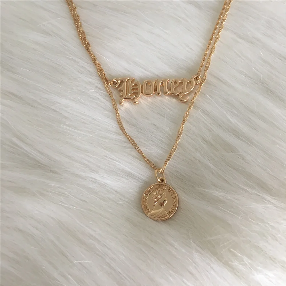 

Fashion Jewelry Gold Color Old English Honey Gothic Letter Logo Coin Pendant Layered Necklace For Women Girl