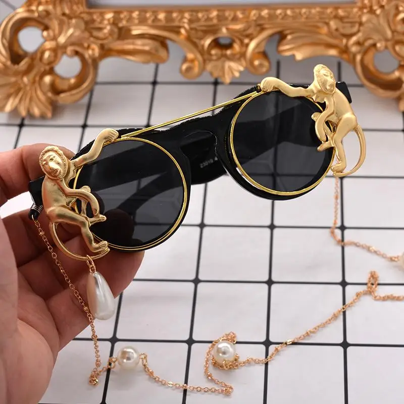 Frauen Retro Runde Sonnenbrille Affe Metallkette DekorationBarock-Luxus Partynew
