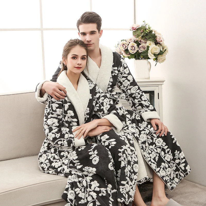 

Thick Warm Flannel Robe Women And Men Long Bathrobe Jacquard Flannel Kimono Dressing Gown Sleepwear 2018 Winter Couple Bath Robe