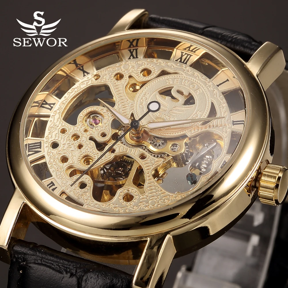 Новый SEWOR Элитный бренд механические часы золото Часы с костями мужской кожаный ремешок Наручные часы мужской Relogio Masculino