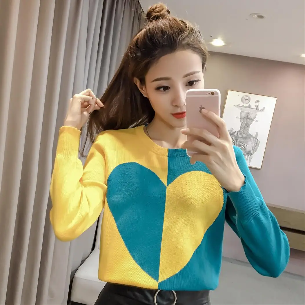 

Korea fashion color matching sweater love asymmetric loose small pure and fresh sweaters women pullovers top knitwear girl