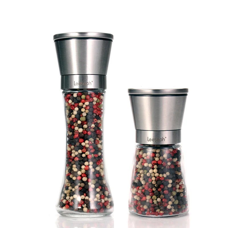 Premium salt and pepper grinder set of 2, adjustable and easy to use, 304 stainless steel top thick glass body, kitchen tools