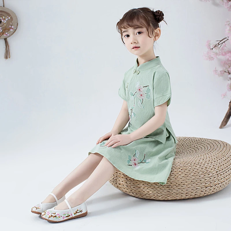 Lovely Girls Cheong-sam 2PC Chinese Traditional Style Han Fu Baby Retro Dress Children Summer Casual Cotton Linen Dresses