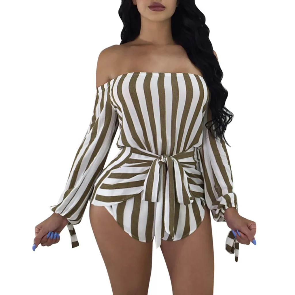 

Summer Women Casual Long Sleeve Stripe Off Shoulder Bandage Clubwear Jumpsuit Rompers Casual Sashes Playsuits