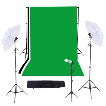 

Photography Studio Triple Lighting Kit with Muslins Backdrops Light Stands Umbrellas Light Bulb E27 Swivel Socket