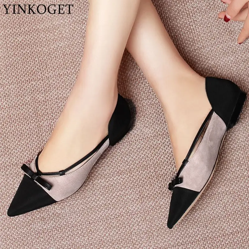 

YINKOGET fashion sweet genuine leather pointed toe women flats sneakers shoes high quality flat heel casual office ladies shoes