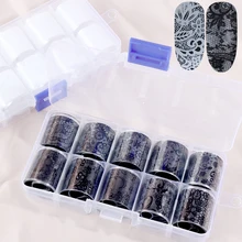 10pcs/set Black White Lace Foil For Nails Mixed Flowers Nail Art Stickers Transfer Starry Paper Adhesive Manicure Decals TR1017