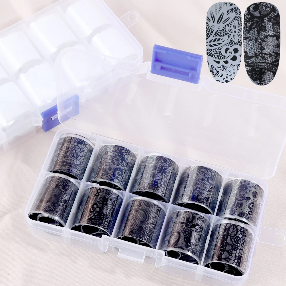 

10pcs/set Black White Lace Foil For Nails Mixed Flowers Nail Art Stickers Transfer Starry Paper Adhesive Manicure Decals TR1017