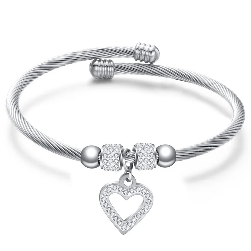 Modyle New Fashion Silver Color Stainless Steel Jewelry Brand White CZ Stone Heart Bracelets bangles for Women Bijoux