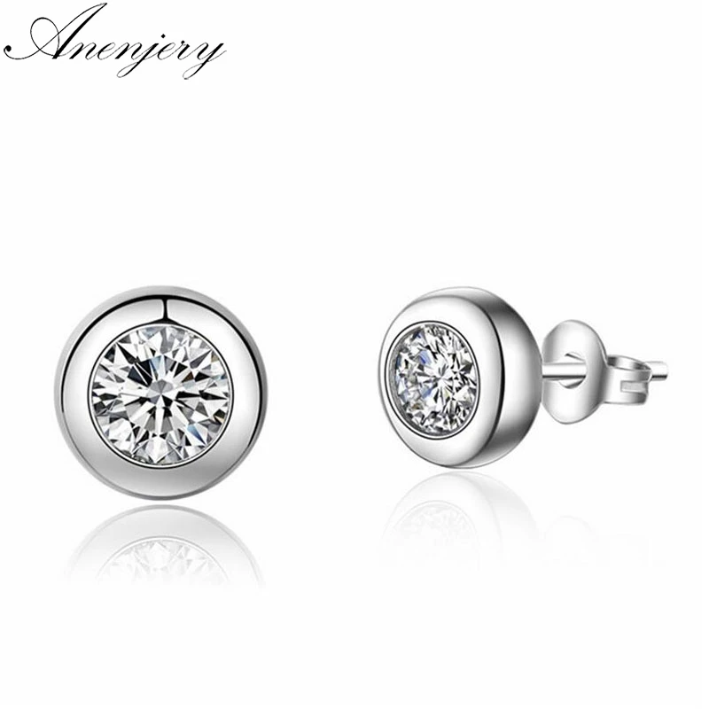 

Anenjery Classic Fashion 925 Sterling Silver Earrings Zircon Round Stud Earrings For Women pendientes mujer moda S-E460