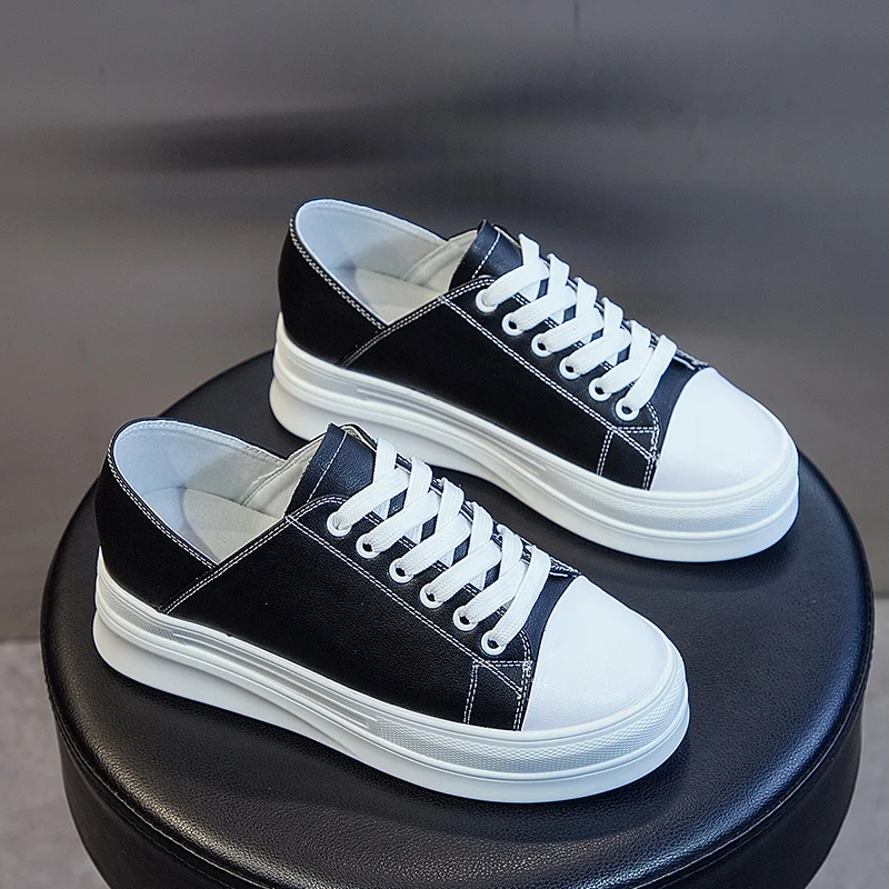 

Yiluan new Leather Sneakers women Platform Shoes 2020 Autumn White Casual Shoes woman Black flat Leather Increase 7cm Student