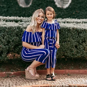 

Striped Off Shoulder Mommy And Me Clothes Ruffle Bandage Family Matching Jumpsuit Summer Beachwear Mommy And Daughter Romper