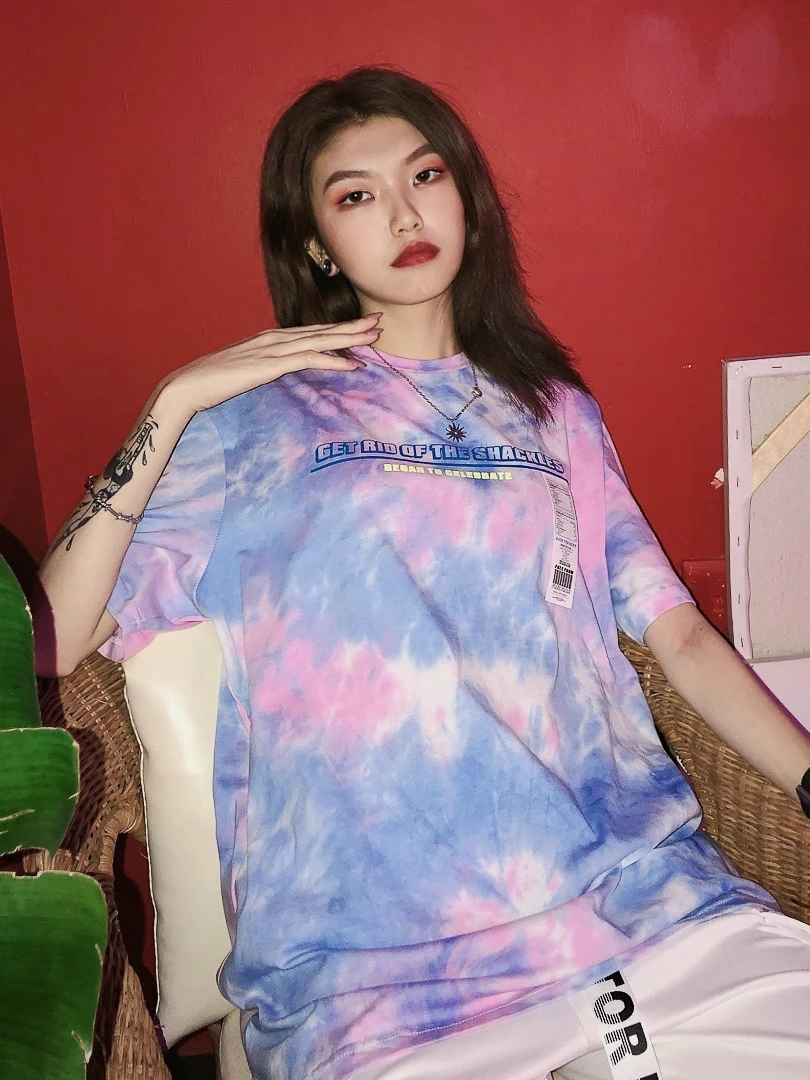 

2019 New Summer Short Sleeved tee Tide Battery Gradient Tape Loose Vision-Dyeing Colors Place Wind Printed T-Shirt Girl