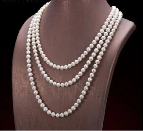 

50" AAA 7-8MM AAA NATURAL freshwater WHITE PEARL NECKLACE 925silver GOLD CLASP