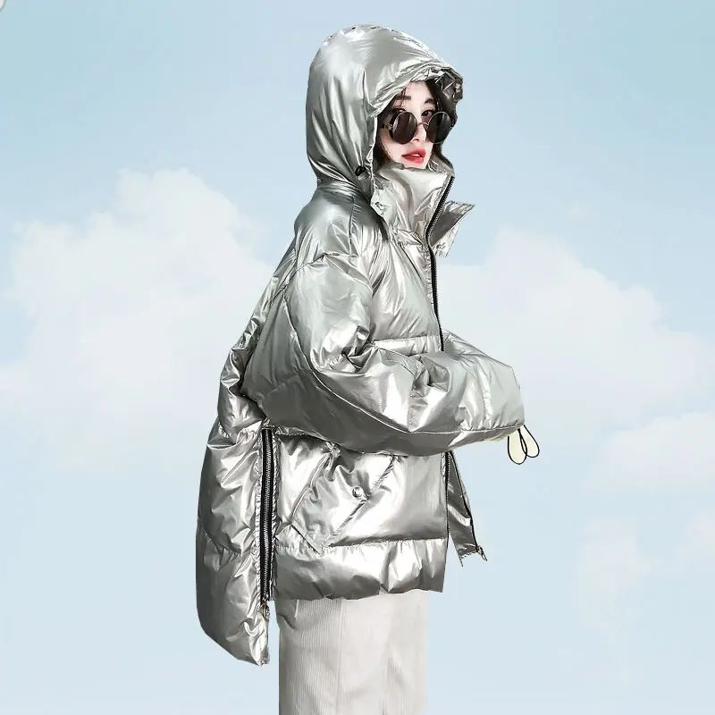 

Silver Cotton Coat Two-piece Sets Glossy Pants Winter Jacket Hooded Women Parka 2 Pcs Set Women 2019 Casual Trousers Zipper G125